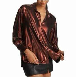 Anthropologie Shine Button-Down Blouse Women's M Red Mahogany Holiday Party NEW